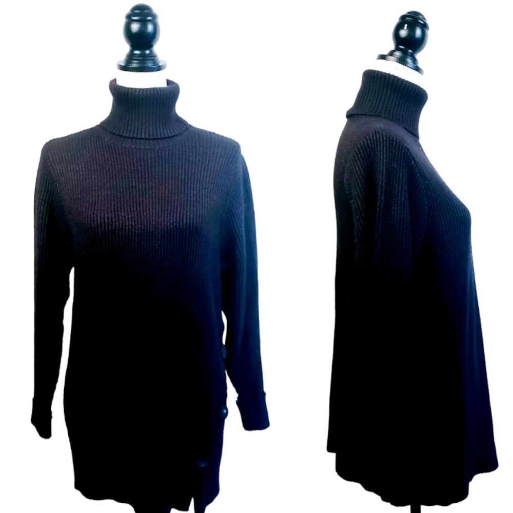 ZARA KNIT Turtleneck Sweater, Black Viscose Knit Long Sleeve Buttons Boho, M